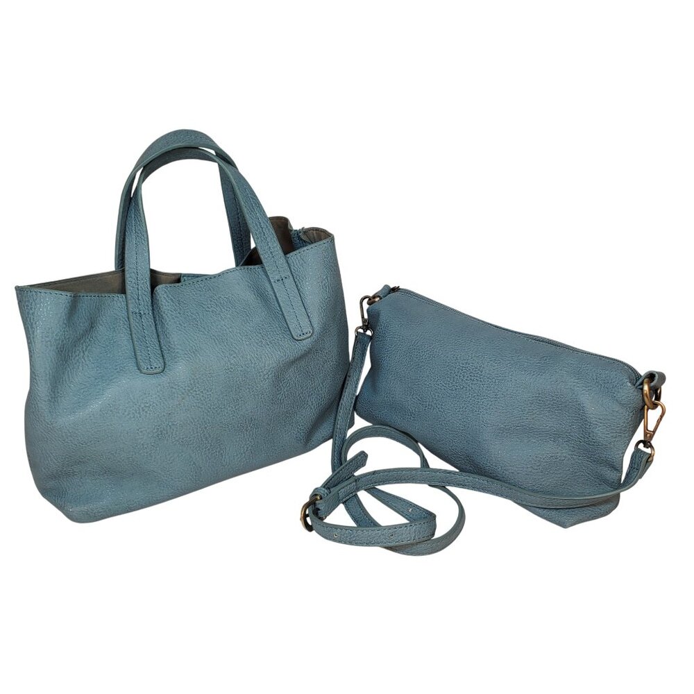 Joy Susan Blue Faux Leather 2-in-1 Handbag Set.  Hobo Bag & Crossbody Clutch